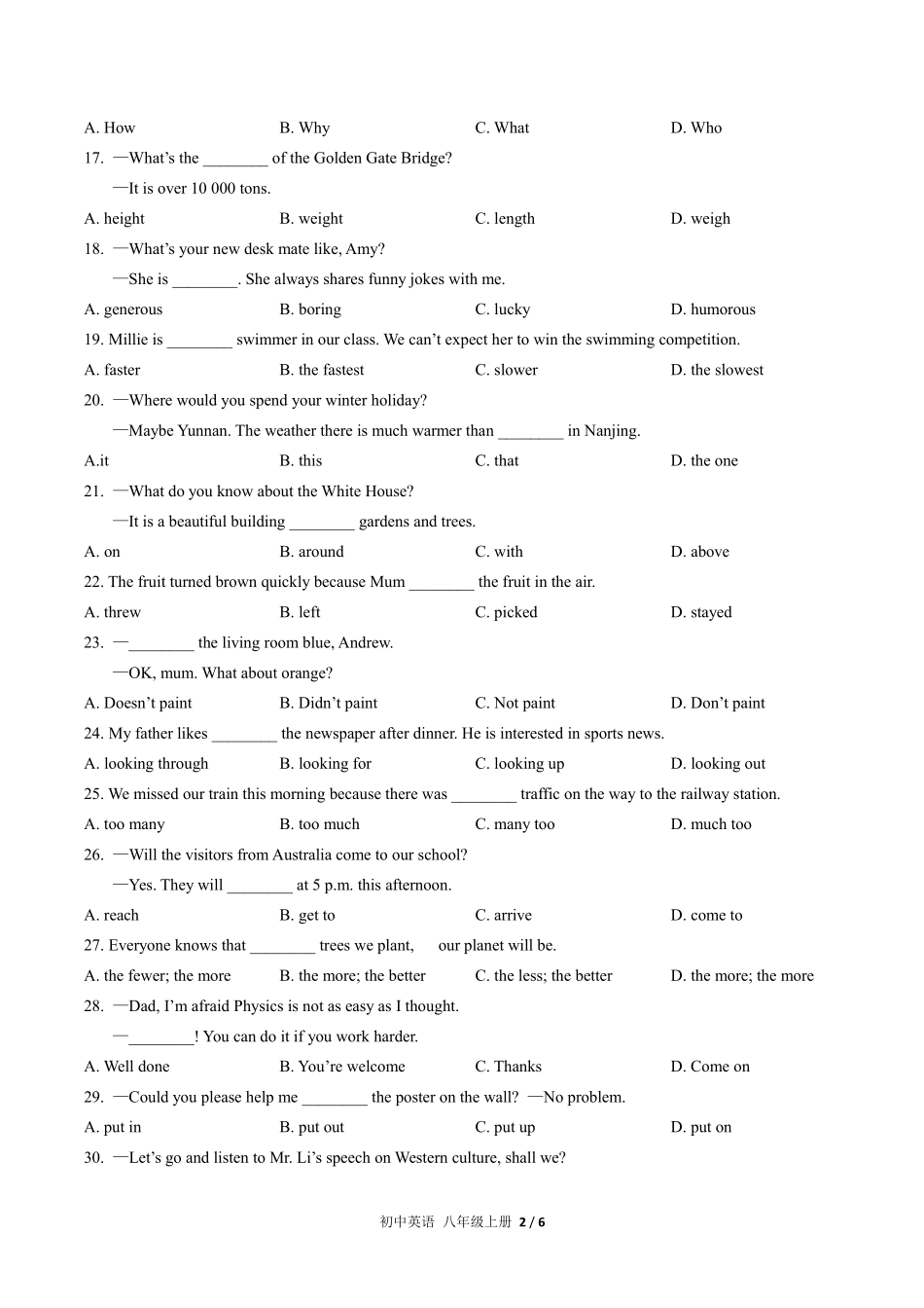 人教版初中英语八年级上册期末专项复习01—单项选择含答案解析.pdf_第2页