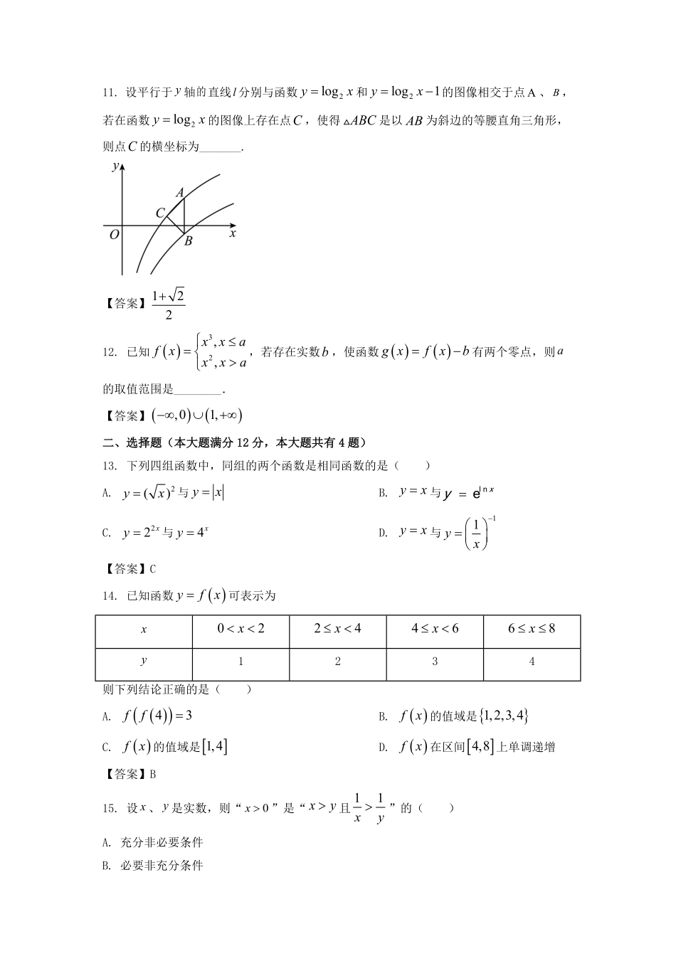 2021-2022年上海市松江区高一数学上学期期末试卷及答案.pdf_第2页