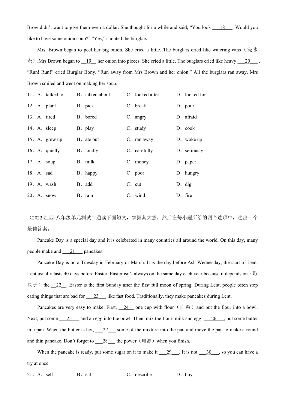 Unit8单元话题完形填空练习八年级英语上册单元重难点易错题精练人教版含答案.pdf_第2页