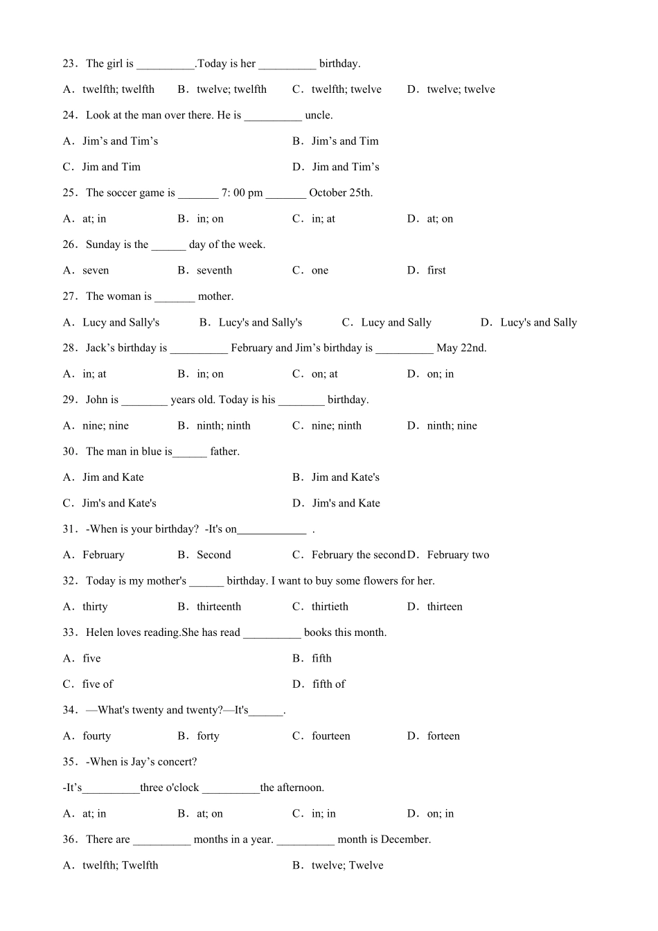 Unit8Grammar重点语法：序数词和名词所有格及in,on的用法七年级英语上册单元重难点易错题精练人教版含答案.pdf_第3页