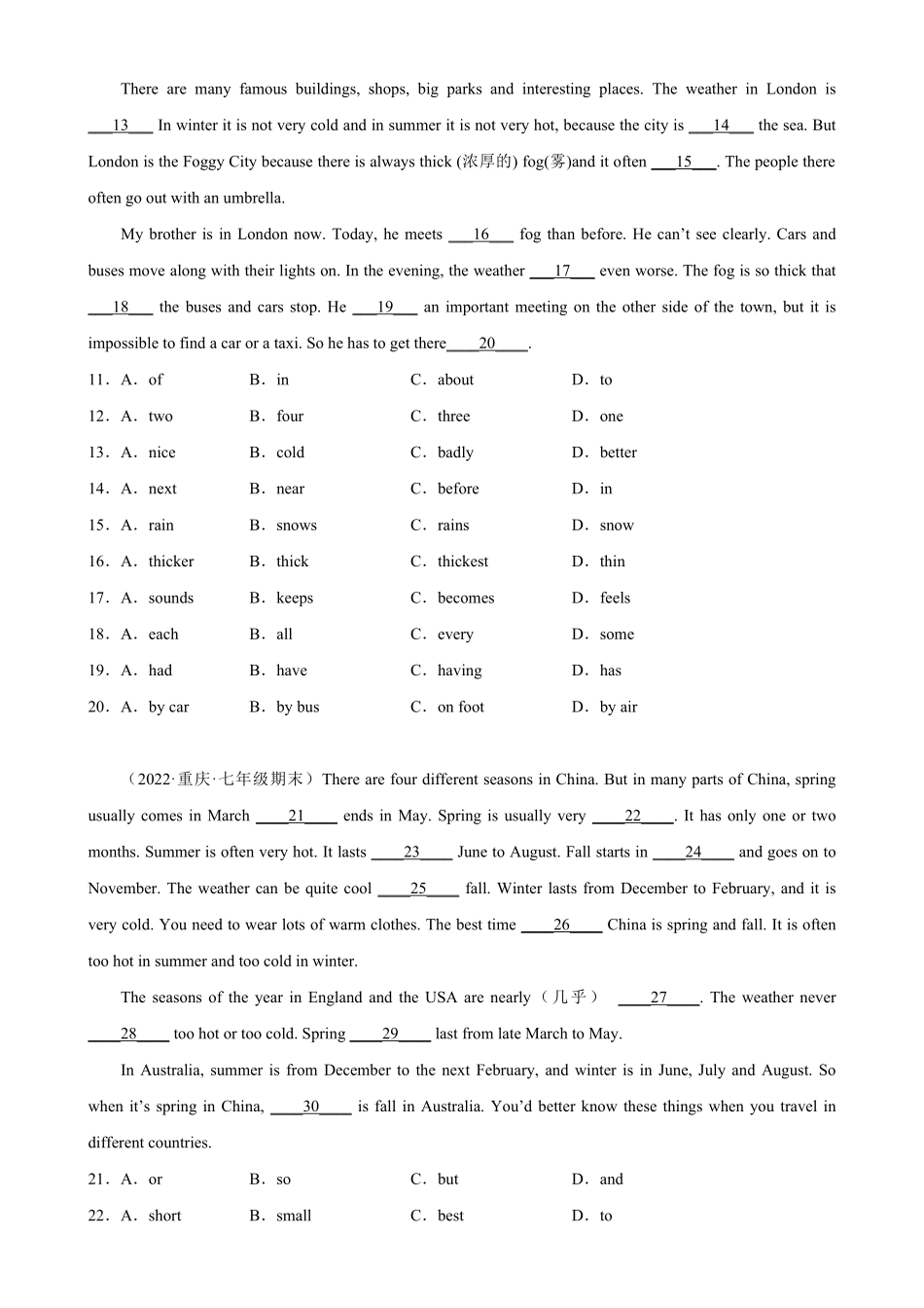 Unit7单元话题完形填空练习七年级英语下册单元重难点易错题精练人教版含答案.pdf_第2页
