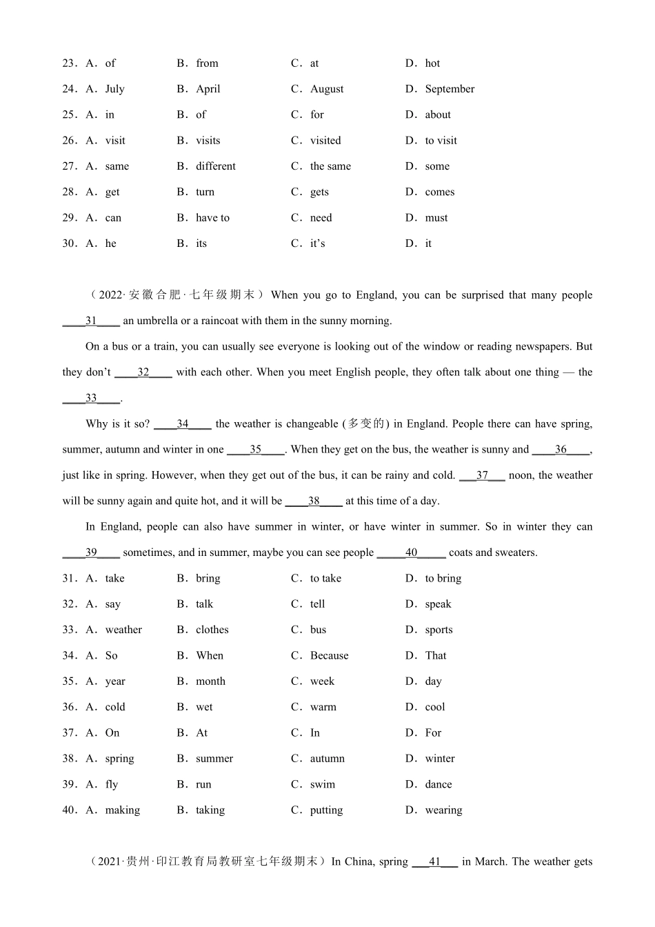 Unit7单元话题完形填空练习七年级英语下册单元重难点易错题精练人教版含答案.pdf_第3页