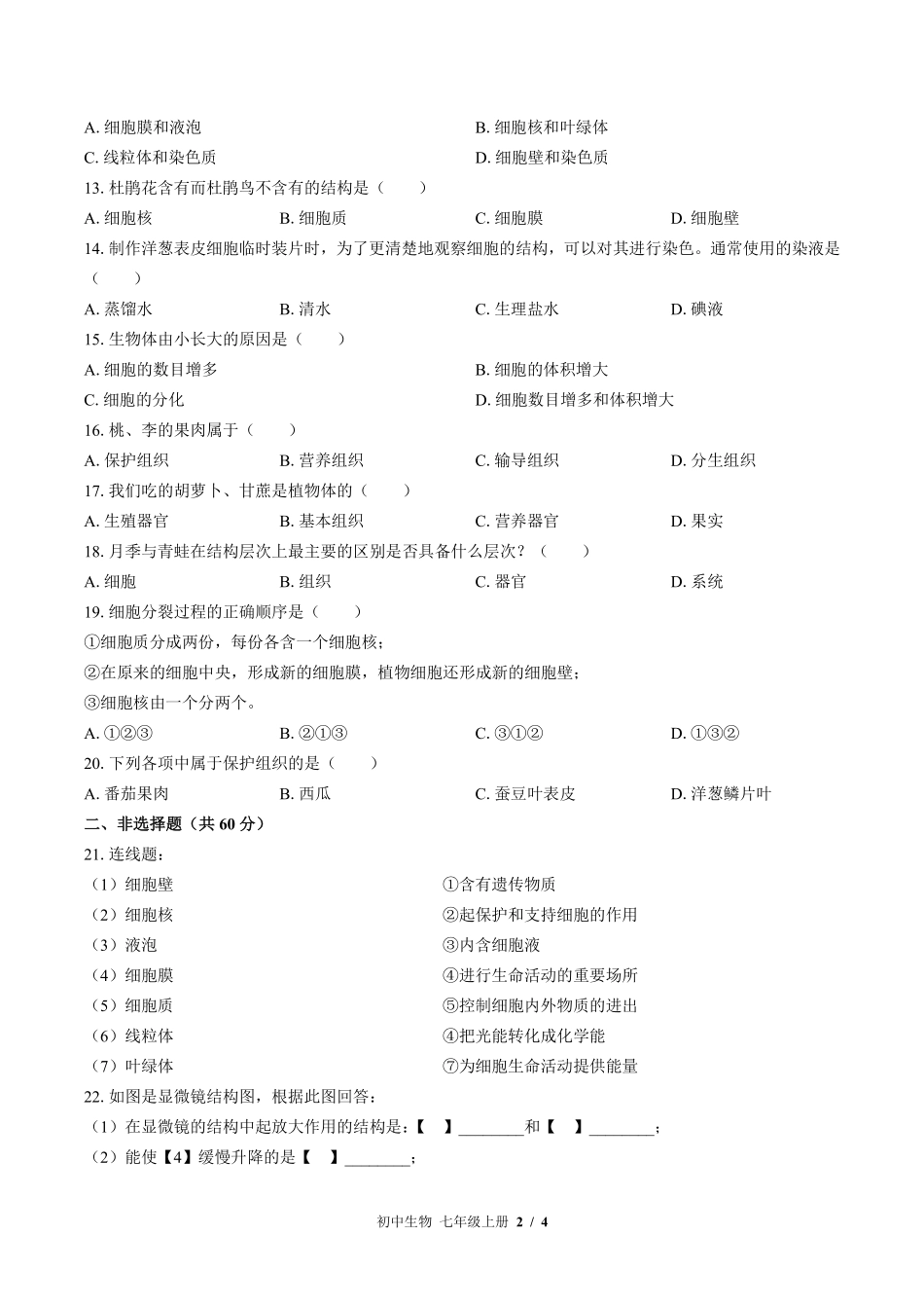 苏教版初中生物七年级上册期中测试02含答案解析.pdf_第2页