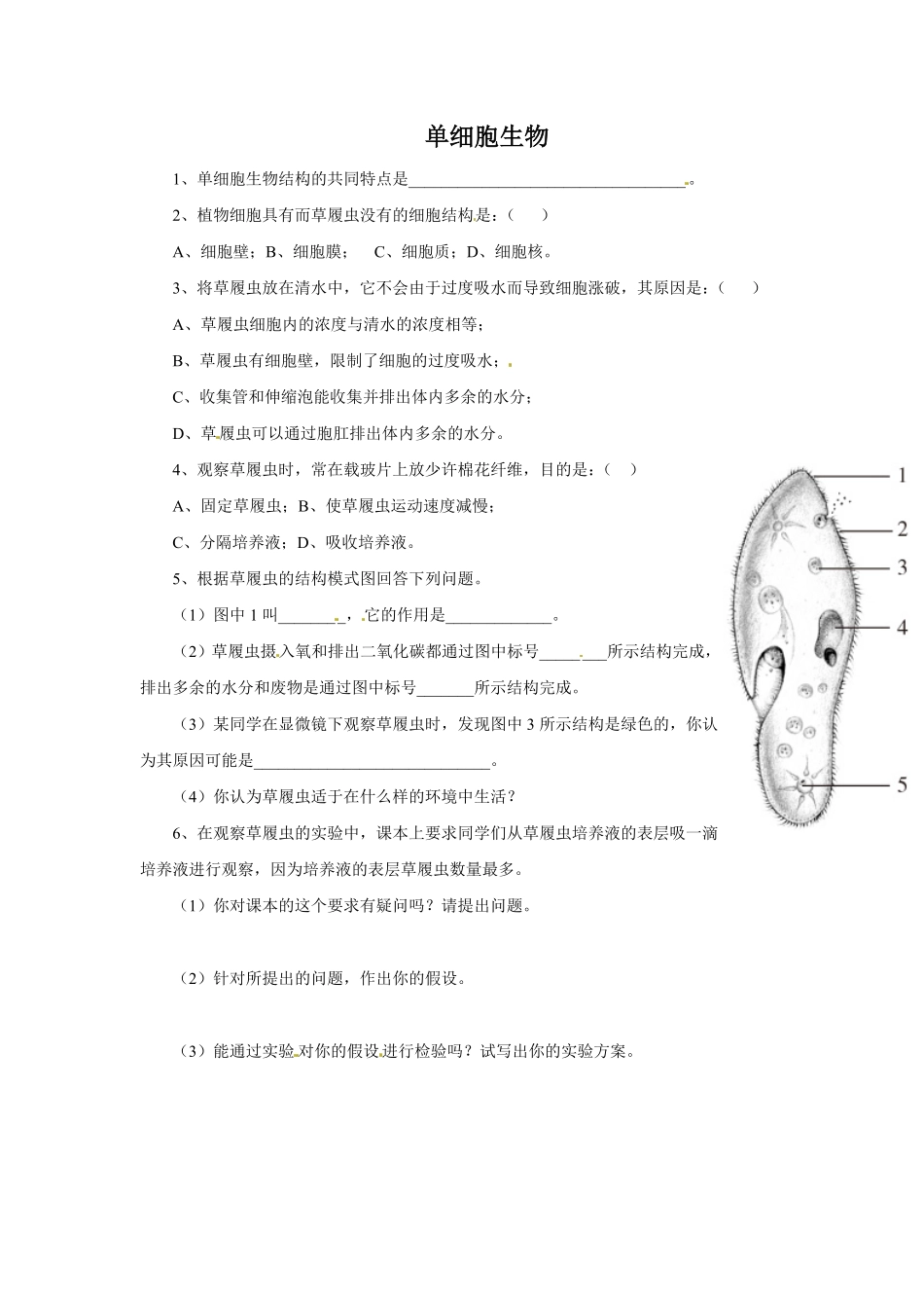 《单细胞生物》课时练试卷3含答案.pdf_第1页