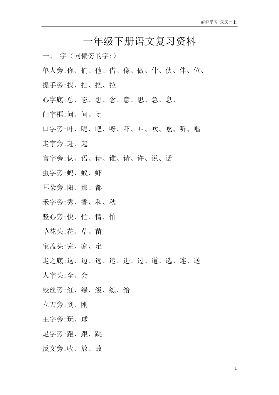 人教部编版小学语文一年级下册-一年级下册语文复习资料-试卷含答案.pdf_第1页