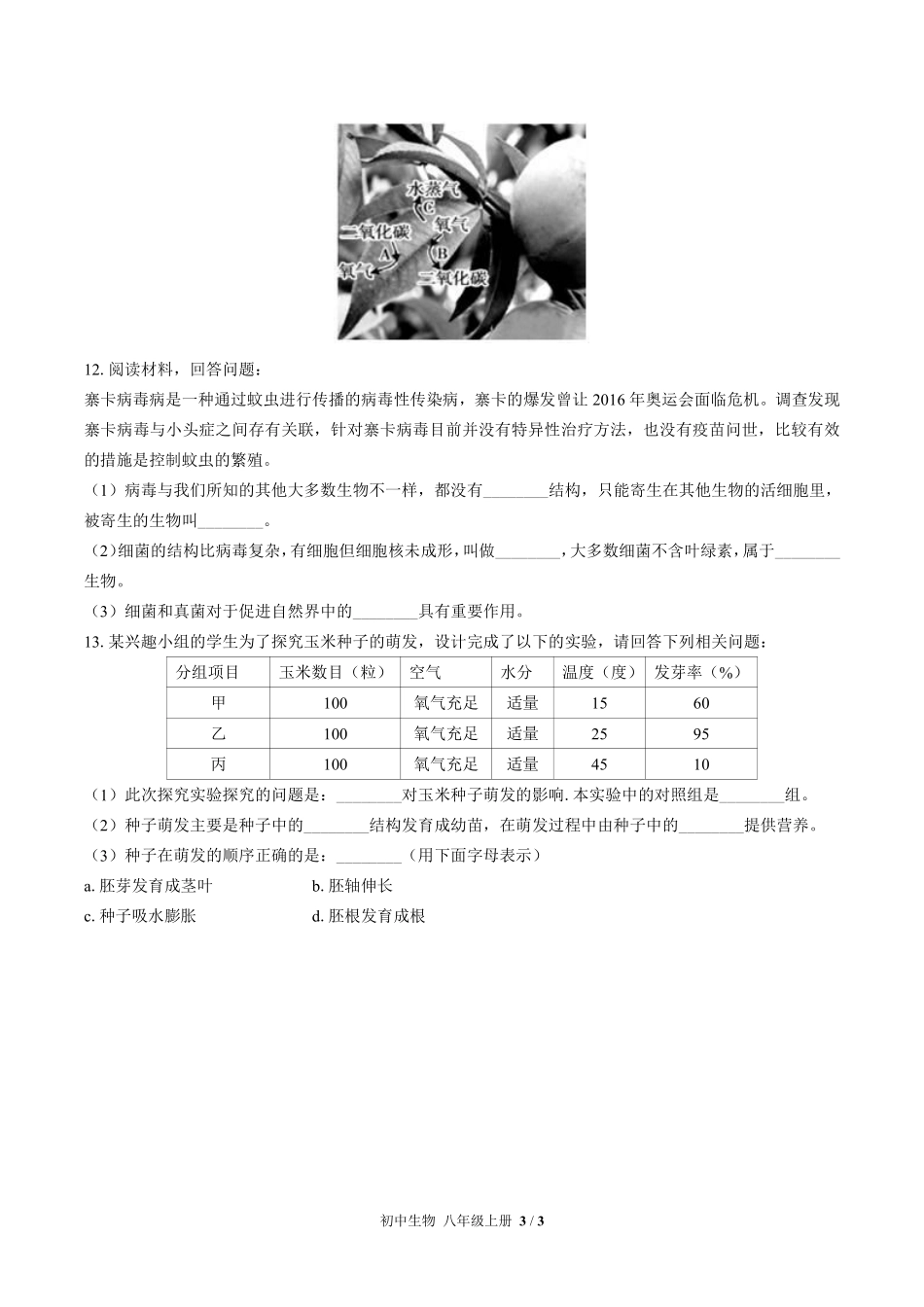 苏教版初中生物八年级上册期末测试02含答案解析.pdf_第3页