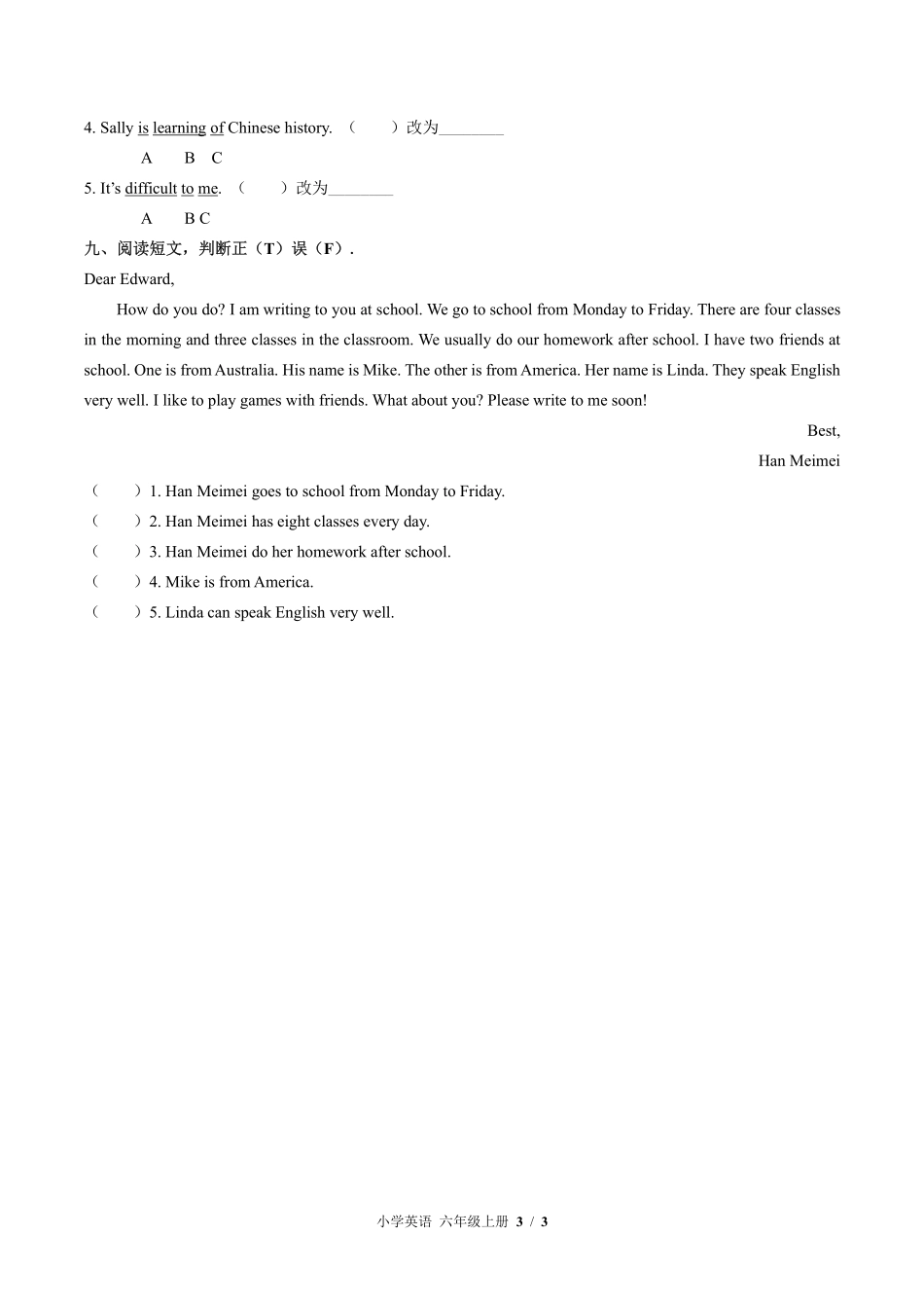 外研版三年级起点小学英语六年级上册Module6单元测试03含答案解析.pdf_第3页