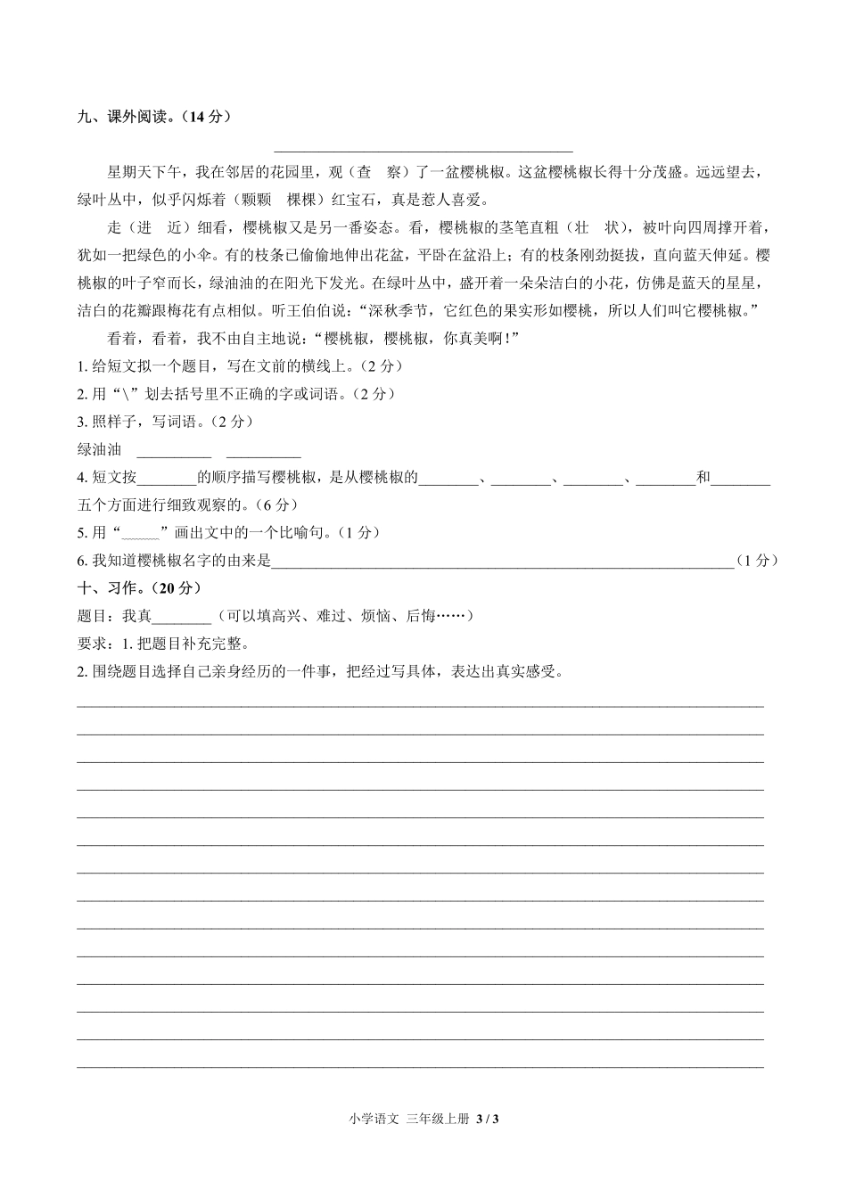 人教版部编版小学语文三年级上册期末测试05含答案解析.pdf_第3页