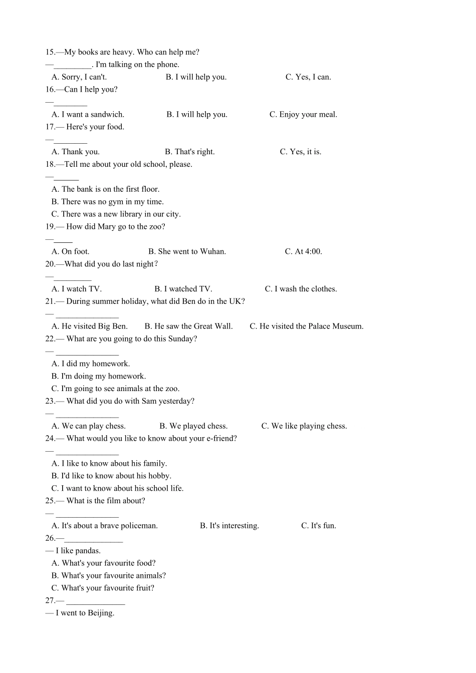 小升初英语专题复习语法专练情景交际 9页 有答案.pdf_第2页