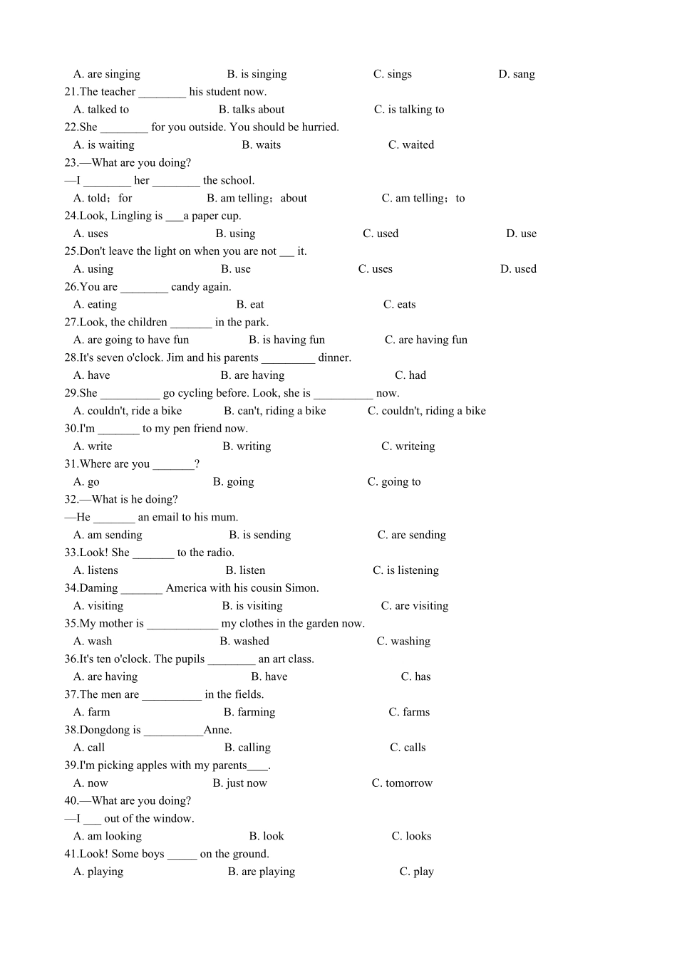小升初英语专题复习语法专练现在进行时 有答案.pdf_第2页