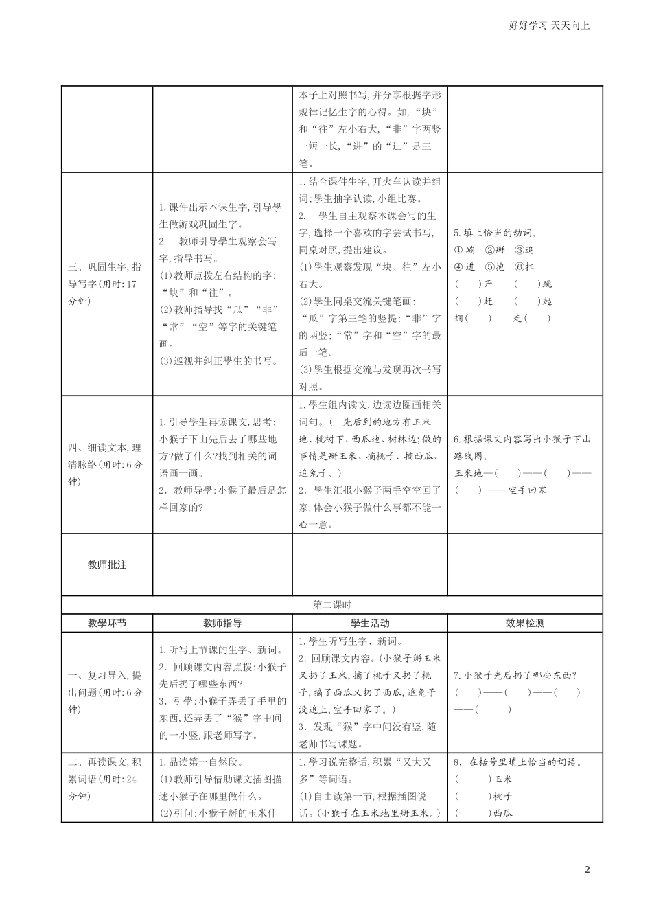 人教部编版小学语文一年级下册18小猴子下山学案表格式试卷含答案.doc_第2页