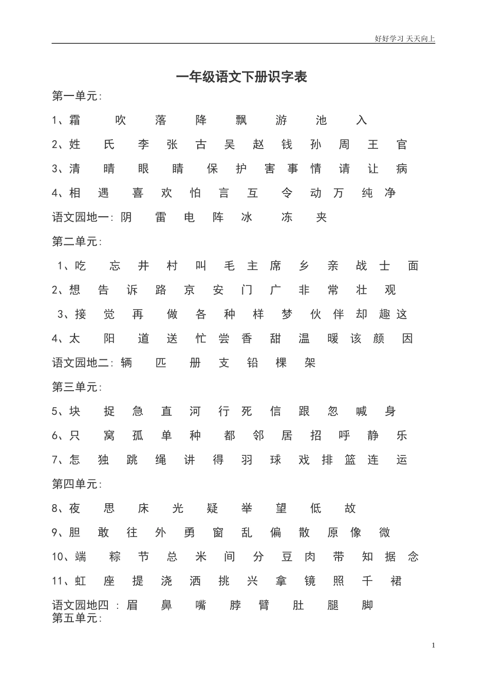 人教部编版小学语文一年级下册一年级语文下册识字表试卷含答案.doc_第1页