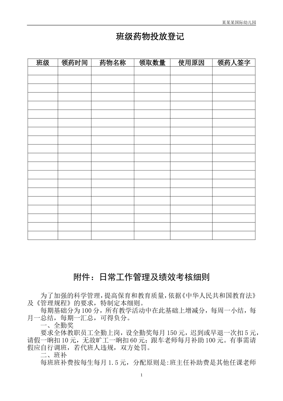 幼儿园常用表格-班级药物投放登记附-日常工作管理及绩效考核细则.doc_第1页