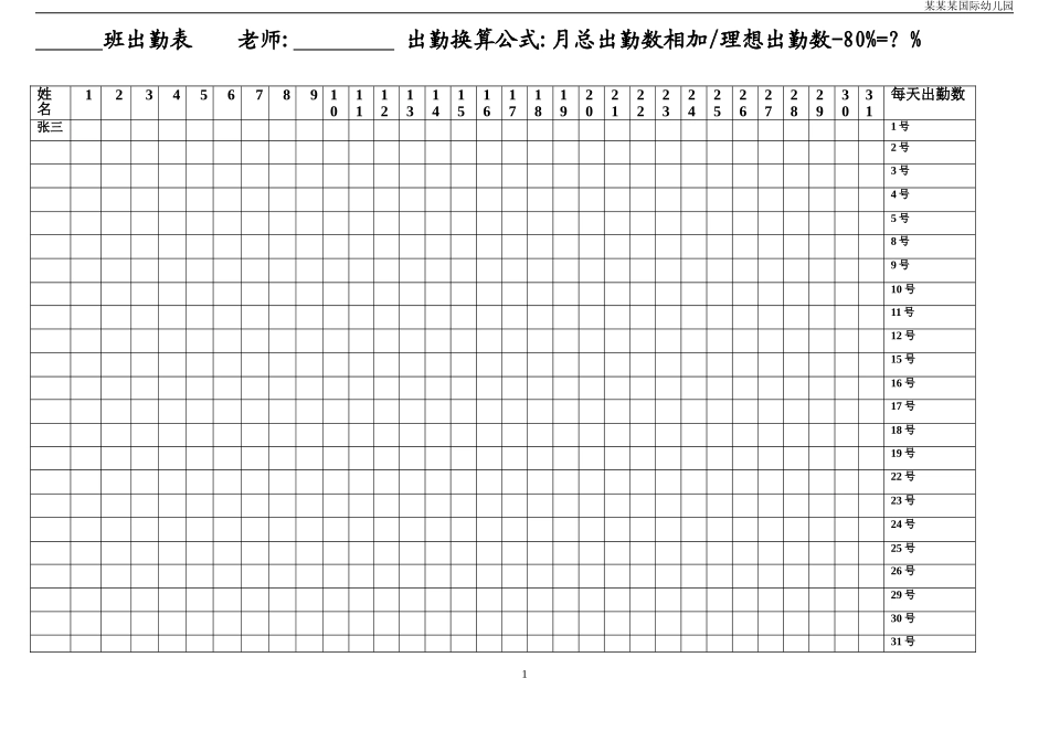 幼儿园常用表格-班级幼儿出勤表附-日常工作管理及绩效考核细则.doc_第1页