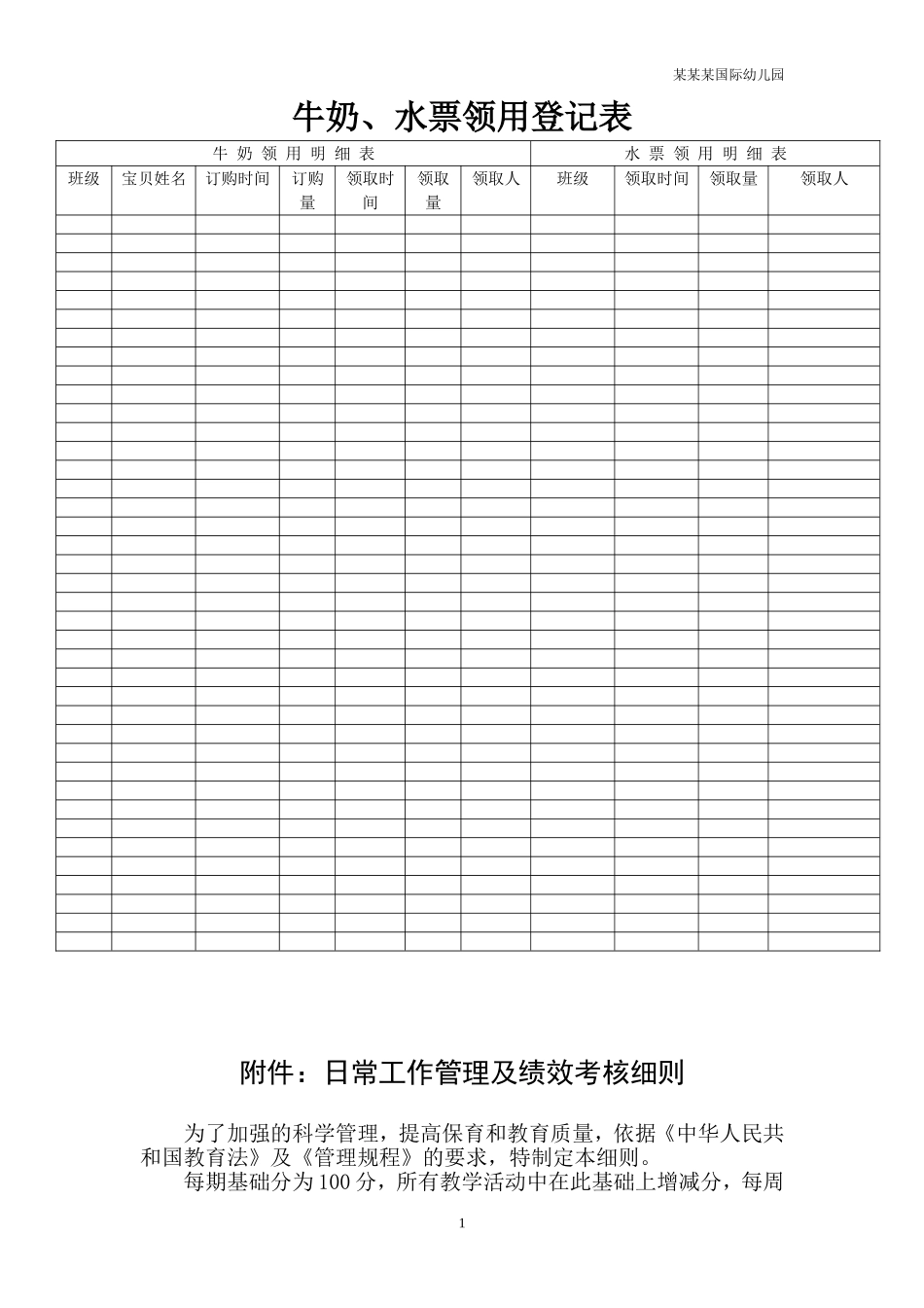 幼儿园常用表格-牛奶、水票领用登记表附-日常工作管理及绩效考核细则.doc_第1页