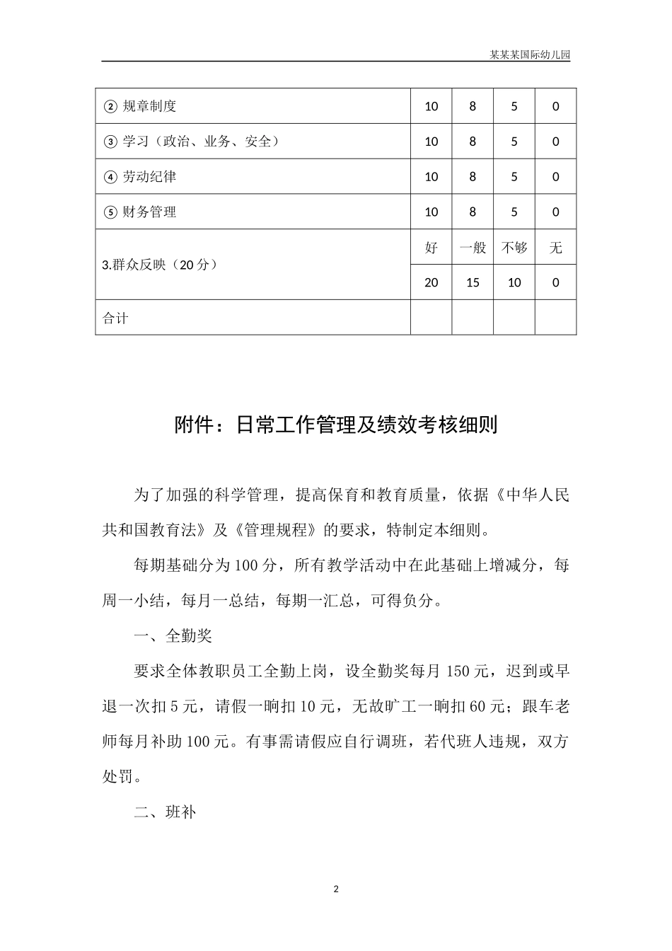 幼儿园常用表格-幼儿园园长综合能力考核表2附-日常工作管理及绩效考核细则.docx_第2页