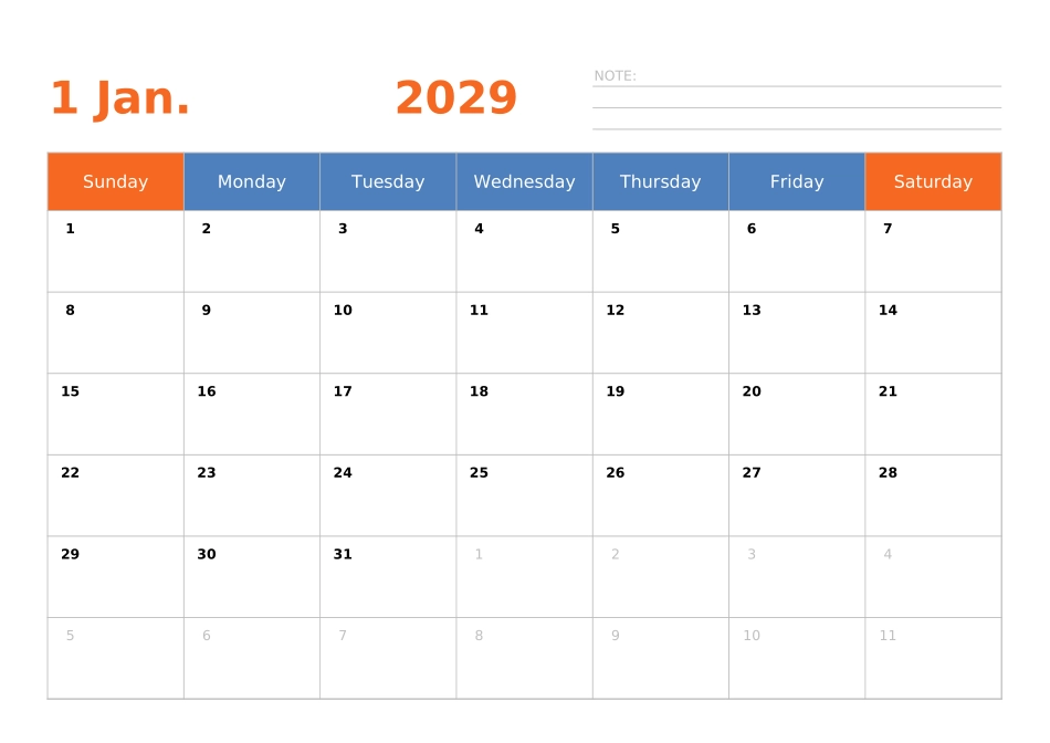 日历表2029年日历英文版横向排版周日开始.xlsx_第1页