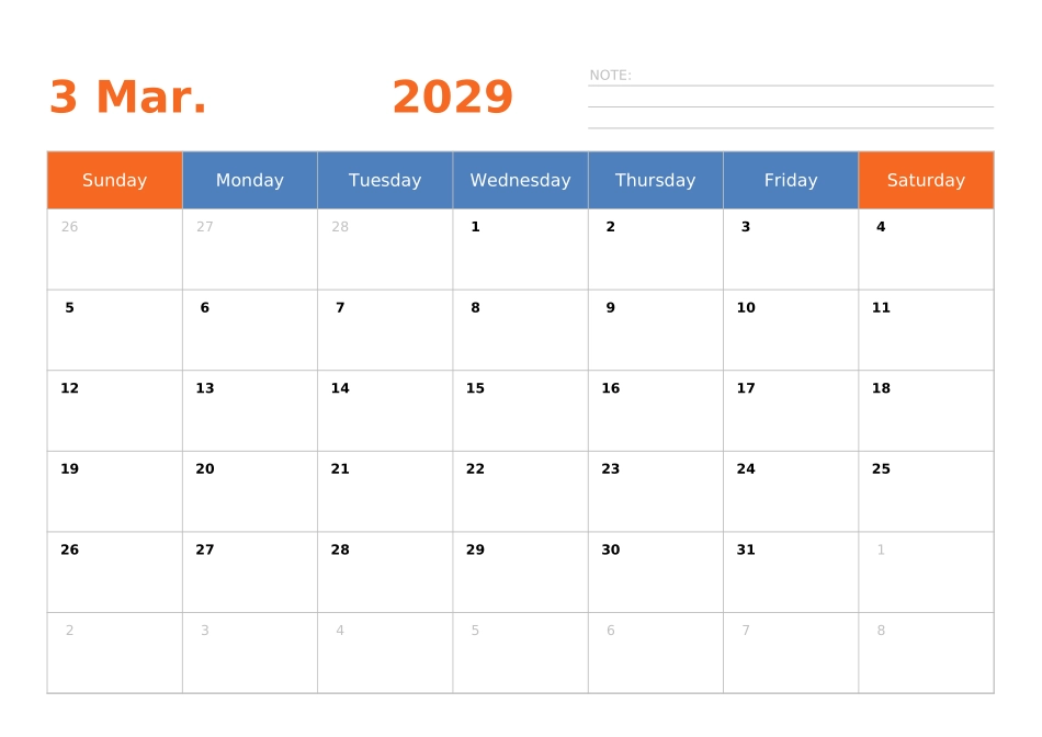 日历表2029年日历英文版横向排版周日开始.xlsx_第3页