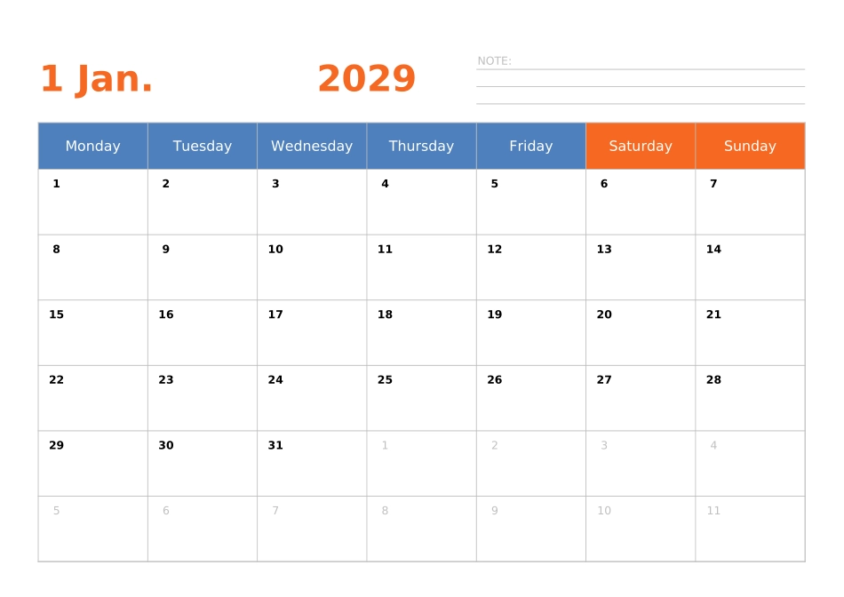 日历表2029年日历英文版横向排版周一开始.xlsx_第1页