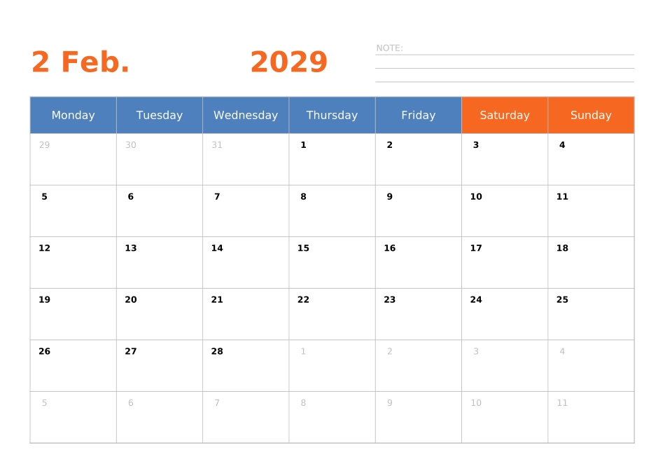 日历表2029年日历英文版横向排版周一开始.xlsx_第2页