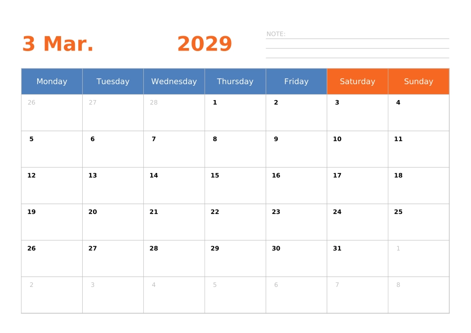 日历表2029年日历英文版横向排版周一开始.xlsx_第3页