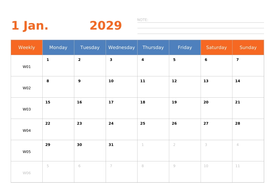 日历表2029年日历英文版横向排版周一开始带周数.xlsx_第1页