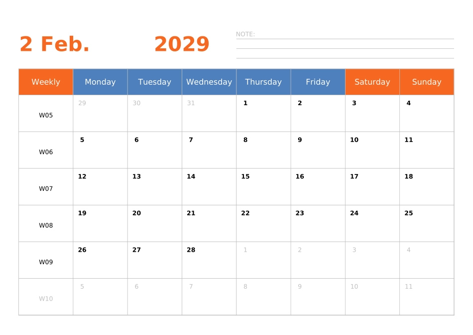 日历表2029年日历英文版横向排版周一开始带周数.xlsx_第2页