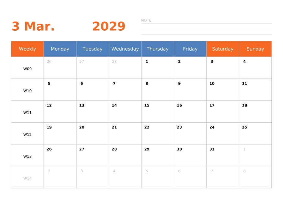日历表2029年日历英文版横向排版周一开始带周数.xlsx_第3页