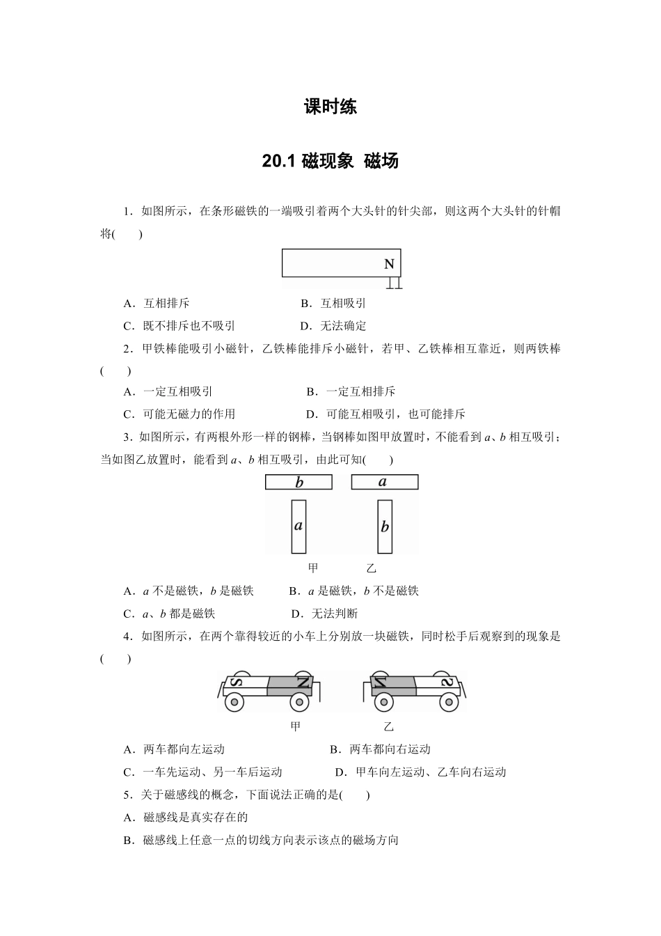 含答案九年级物理人教版全一册课时练第20章《20.1 磁现象 磁场》2.pdf_第1页