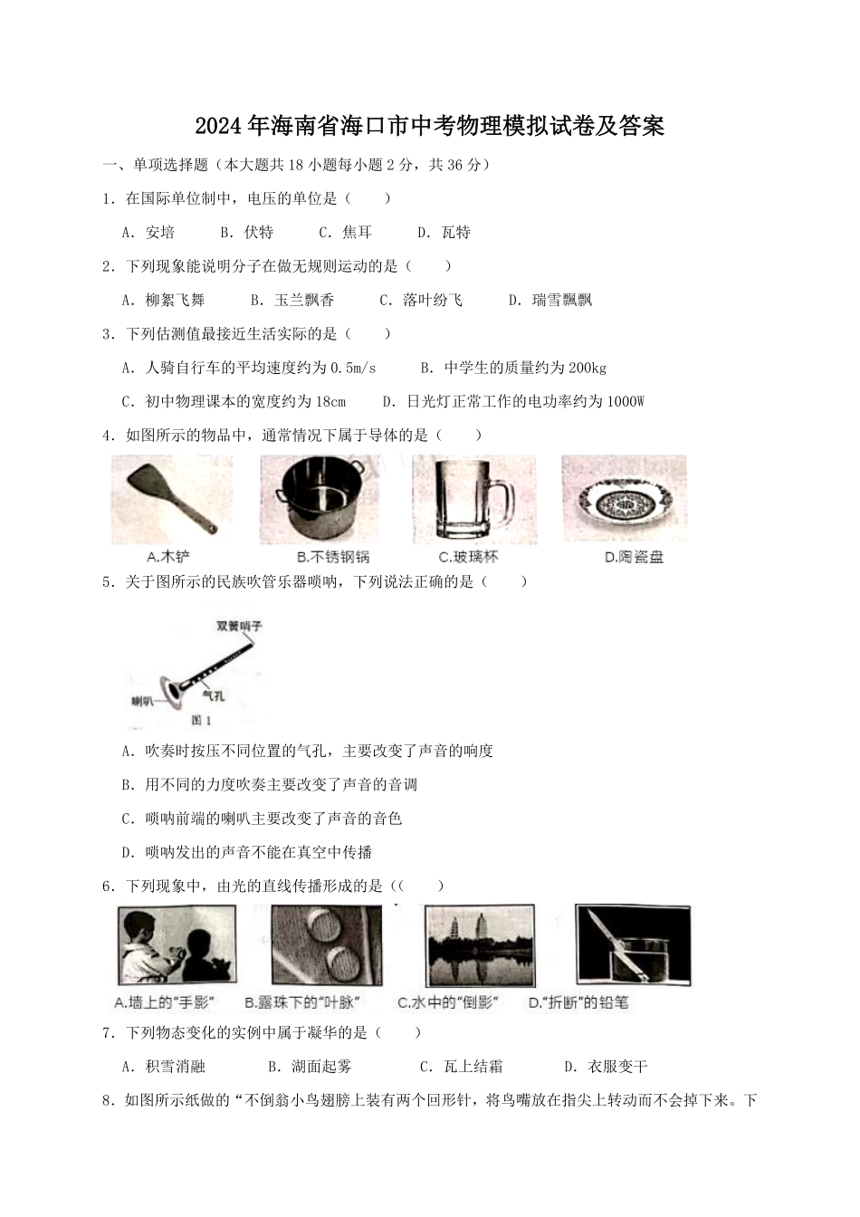 2024年海南省海口市中考物理模拟试卷及答案.pdf_第1页