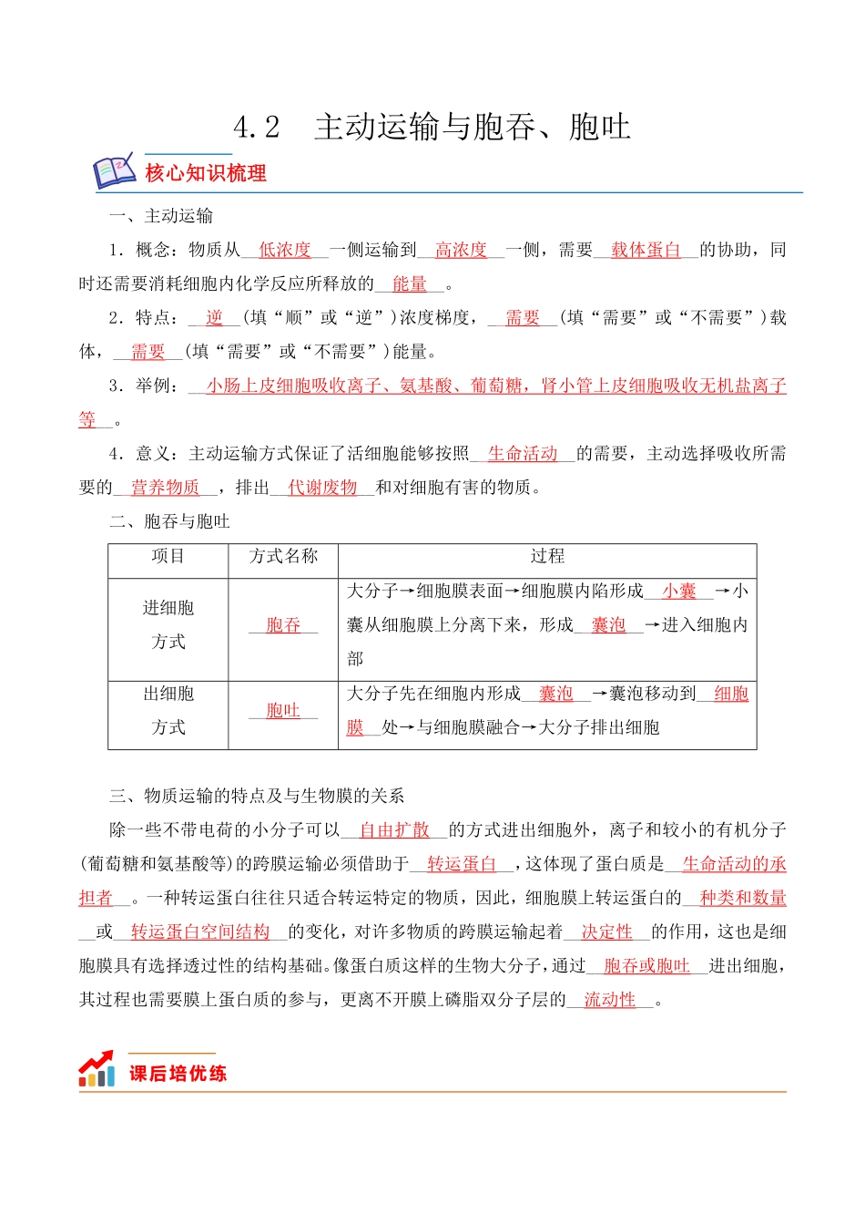 4.2 主动运输与胞吞、胞吐高一生物上学期课后培优分级练2019人教版必修1含答案.pdf_第1页