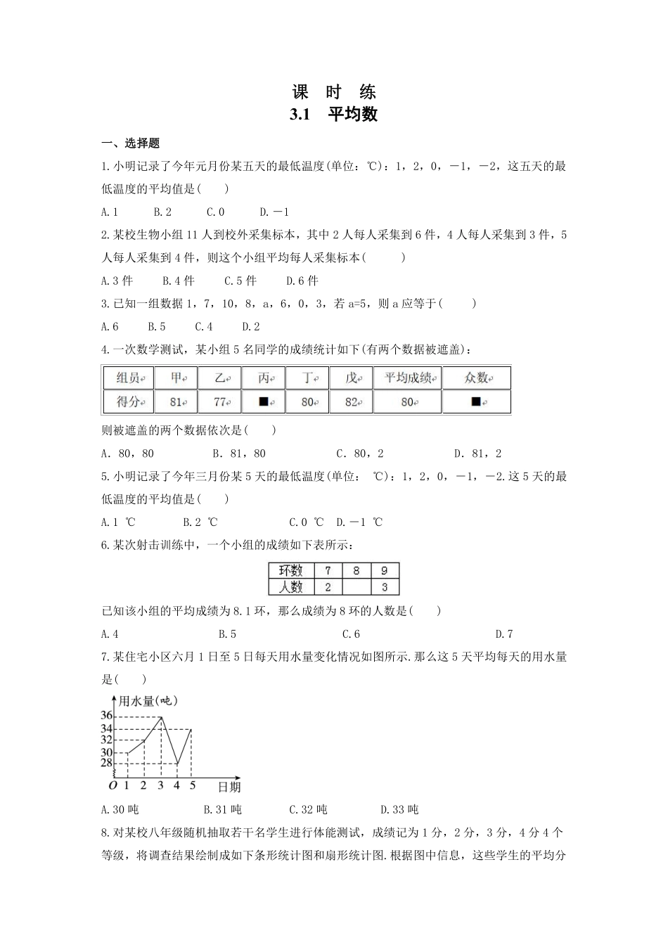 含答案九年级数学苏科版上册课时练第3单元《3.1平均数》.pdf_第1页