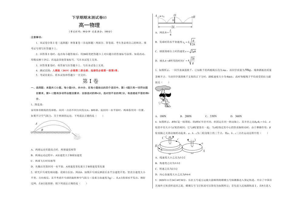 高一物理下学期期末测试卷人教版201903考试版含答案.pdf_第1页