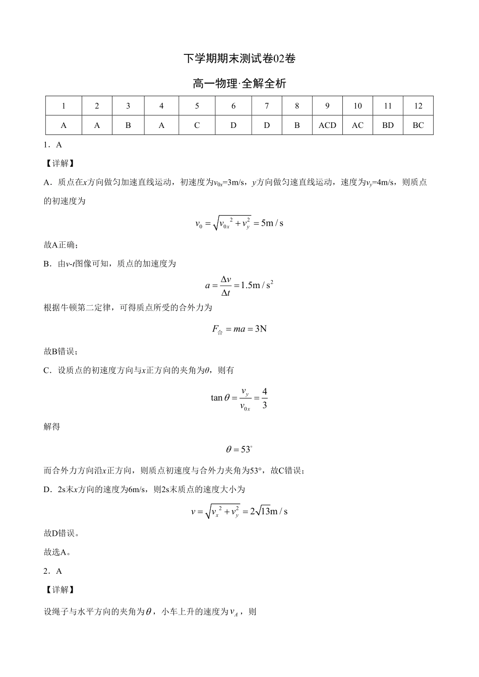 高一物理下学期期末测试卷人教版201902全解全析含答案.pdf_第1页