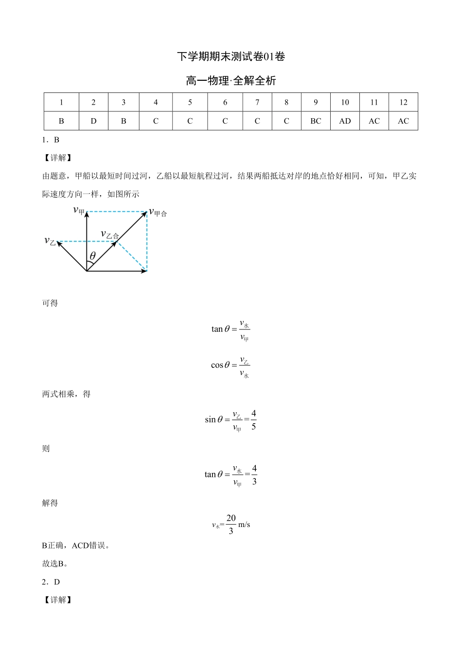 高一物理下学期期末测试卷人教版201901全解全析含答案.pdf_第1页