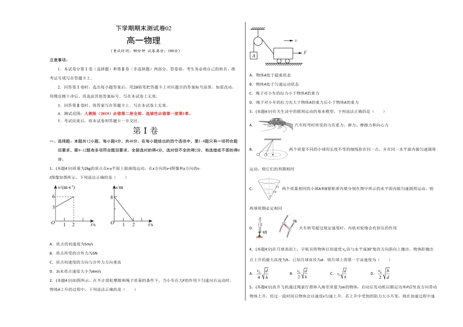 高一物理下学期期末测试卷人教版201902考试版含答案.pdf_第1页