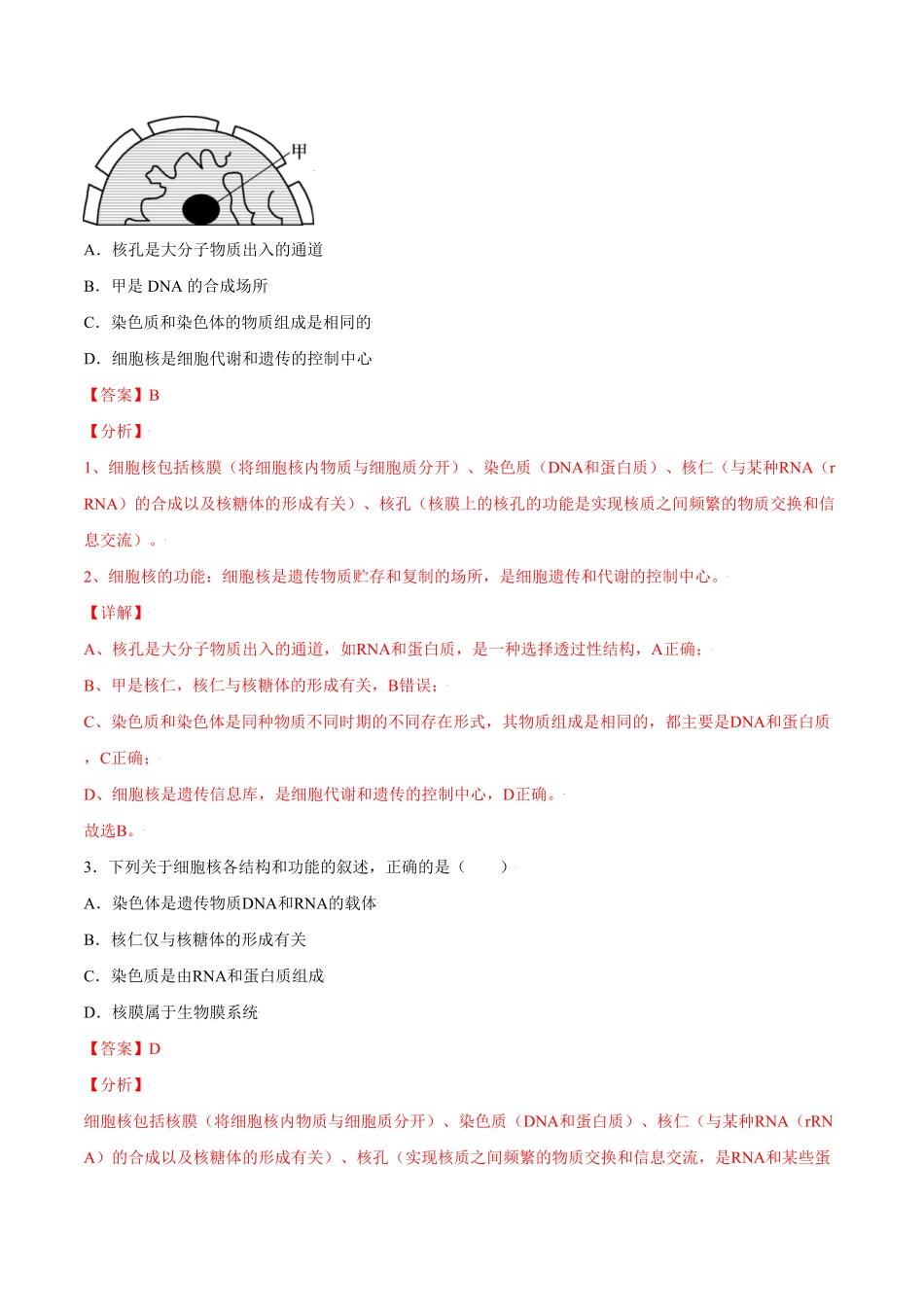 3.3细胞核的结构和功能高一生物课后培优练人教版2019必修1含答案.pdf_第2页