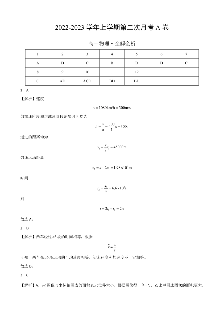 高一物理上学期第二次月考A卷2019人教版全解全析含答案.pdf_第1页