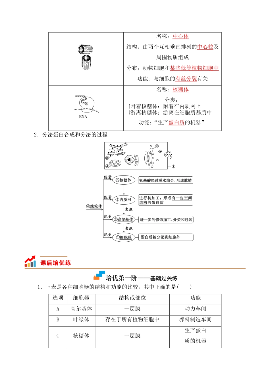 3.2 细胞器之间的分工合作 高一生物上学期课后培优分级练2019人教版必修1含答案.pdf_第2页