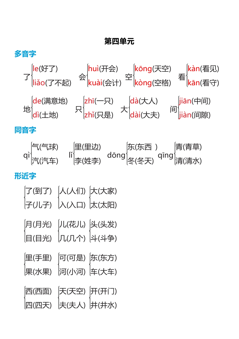 部编一年级语文上册各单元生字【多音字+形近字】.pdf_第2页