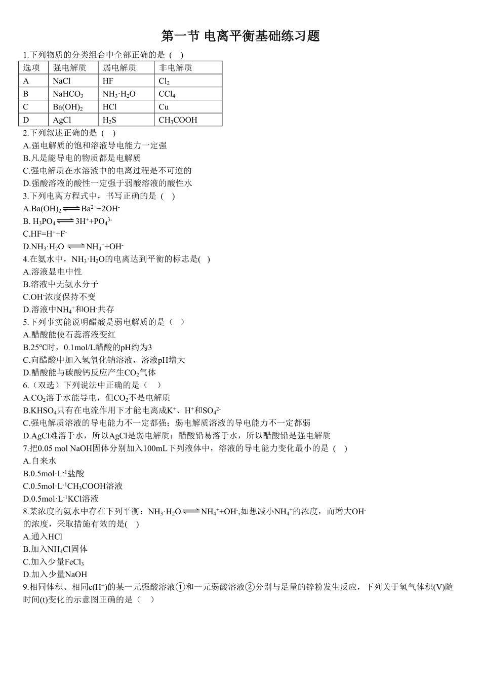 3.1 电离平衡 第一课时 电离平衡 基础练习【新教材】人教版2019高中化学选择性必修一含答案.pdf_第1页