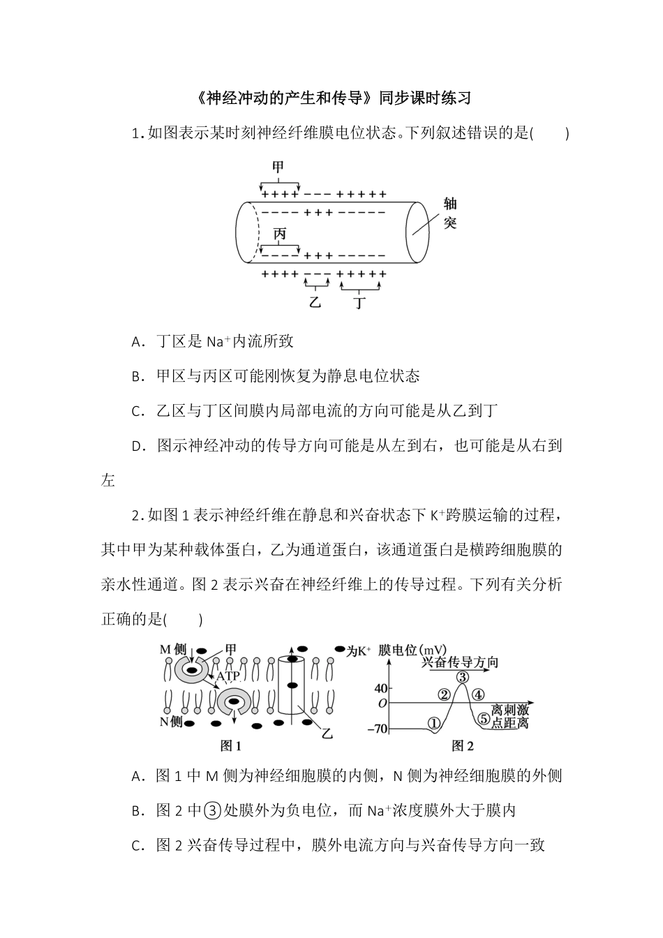 2.3神经冲动的产生和传导同步练习高二上学期生物人教版选择性必修1含答案.pdf_第1页
