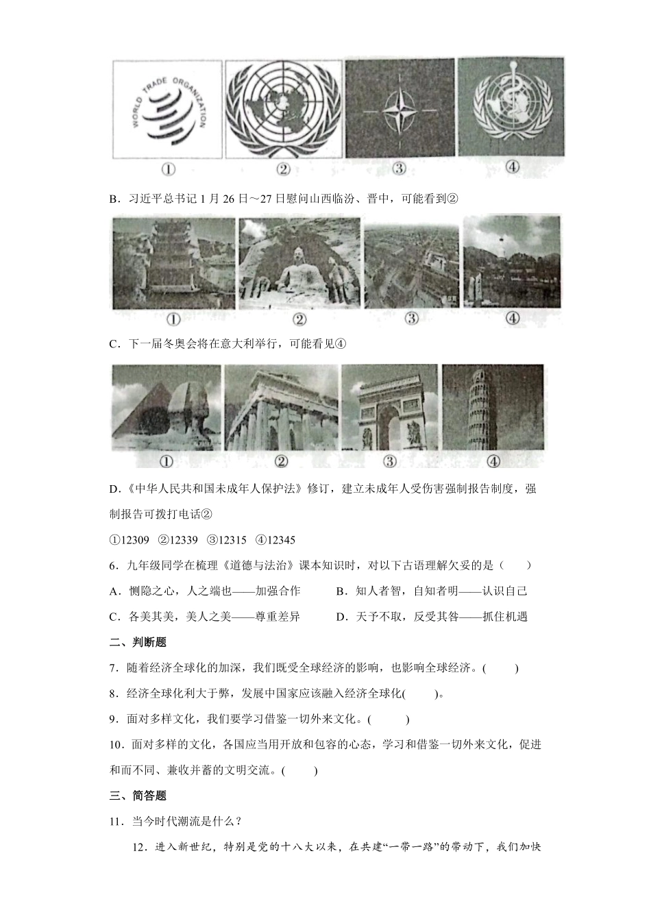 初三九年级下册道德与法治部编版随堂测试第1单元《1.1开放互动的世界》 含答案.pdf_第2页