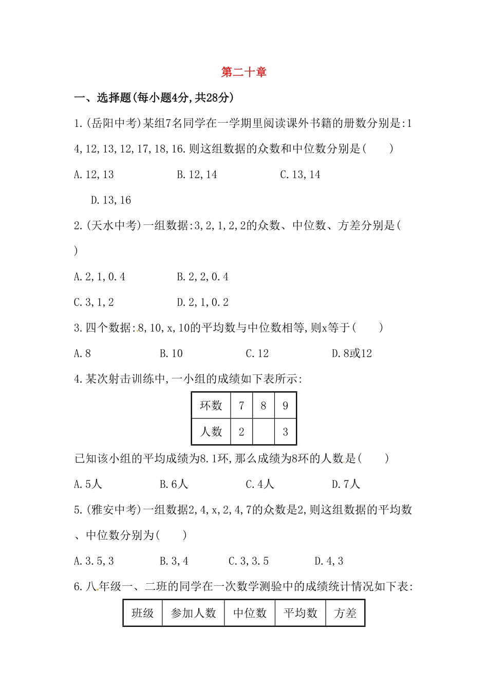 部编数学八年级下册八年级数学下册知识点汇聚单元测试：第二十章含详解含答案.pdf_第1页