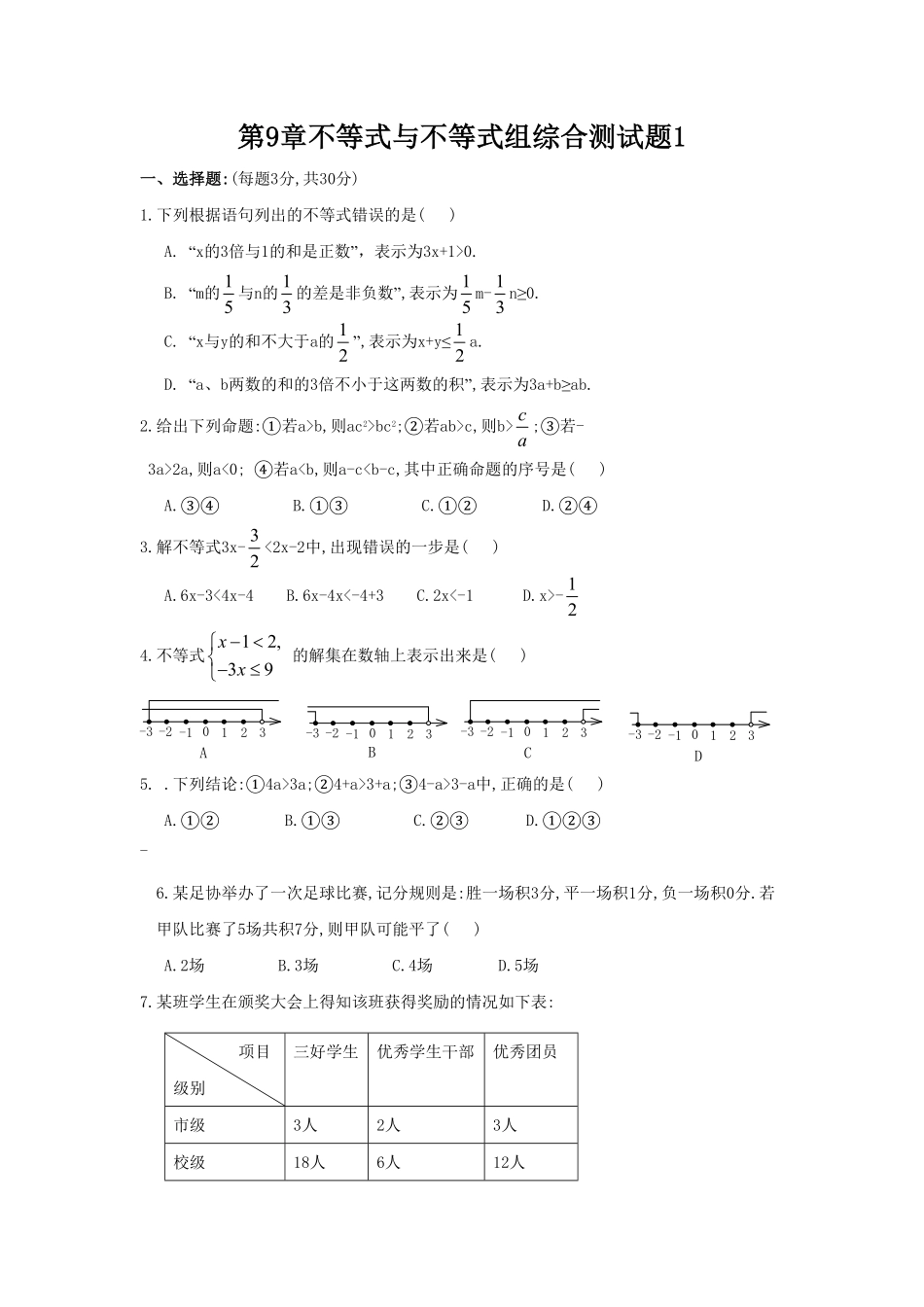 部编数学七年级下册新人教七下册第9章不等式与不等式组综合测试卷1含答案.pdf_第1页