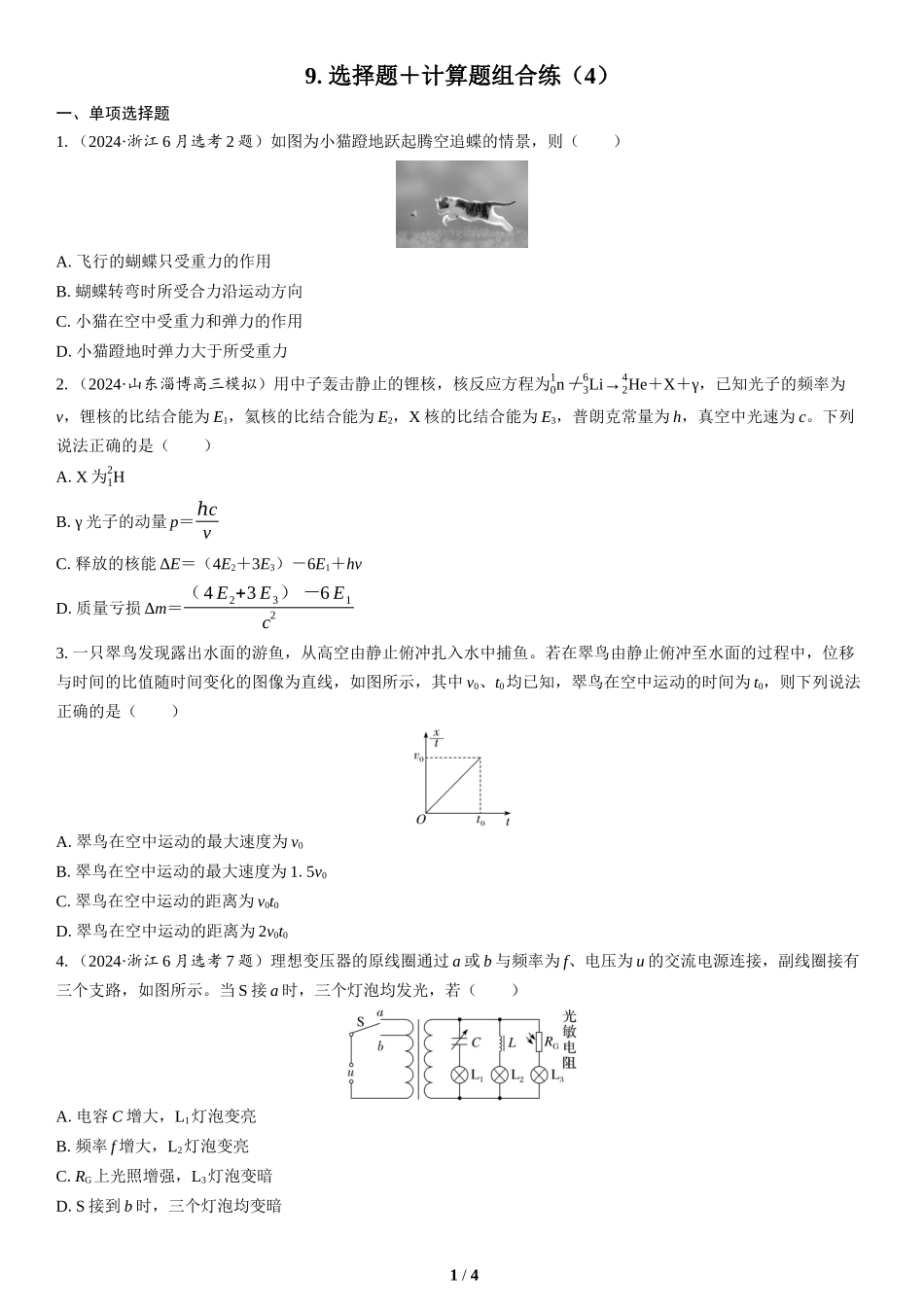 9.选择题＋计算题组合练（4）(1)-2025版三维设计二轮复习高考物理.docx_第1页