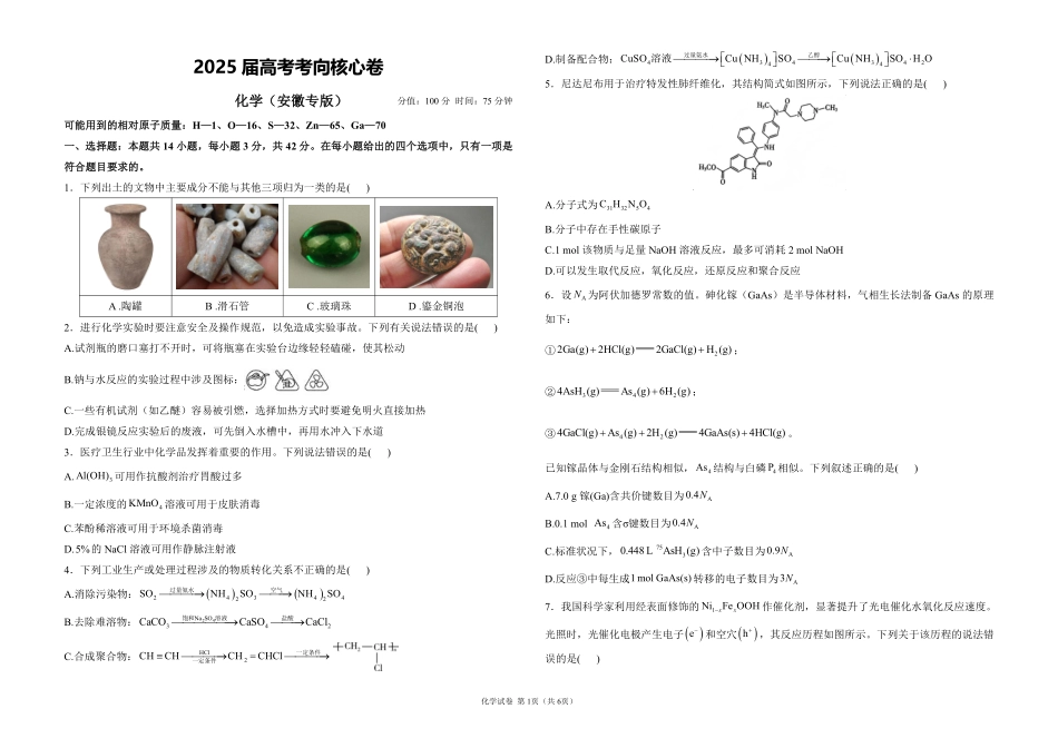 2025届高考化学考向核心卷 安徽专版1（PDF版）.pdf_第1页