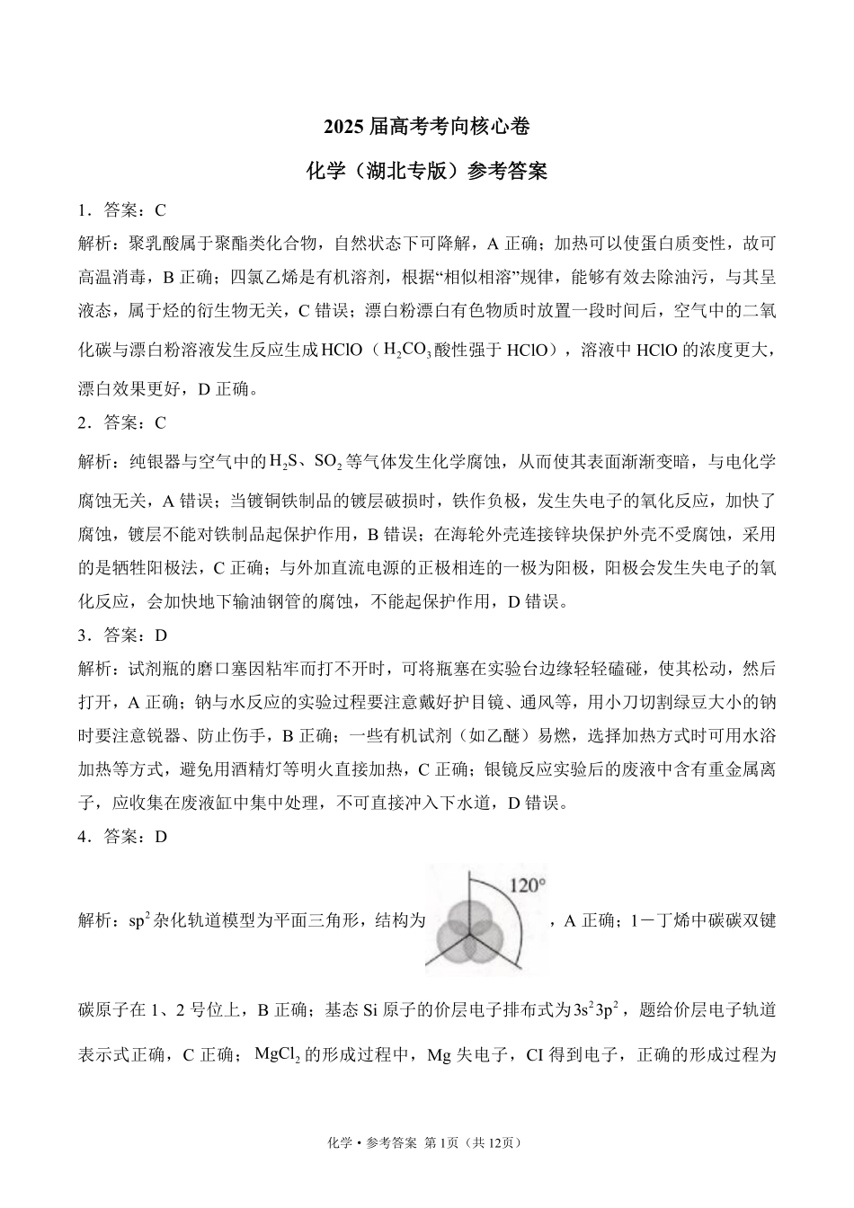 2025届高考化学考向核心卷 湖北专版2 参考答案.pdf_第1页