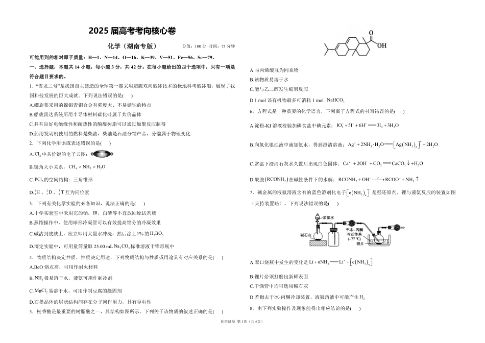 2025届高考化学考向核心卷 湖南专版1（PDF版）.pdf_第1页
