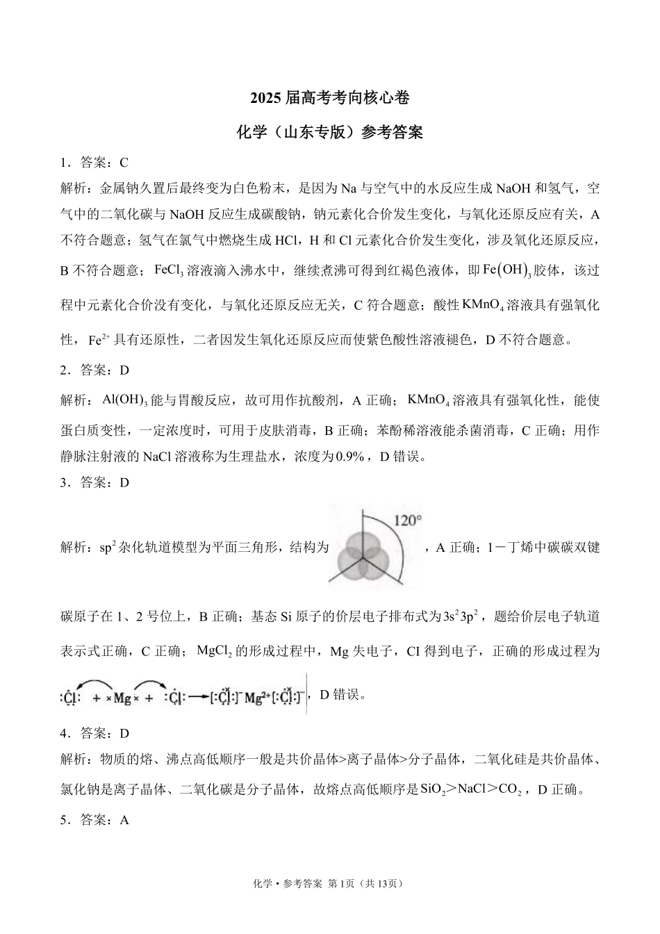 2025届高考化学考向核心卷 山东专版2 参考答案.pdf_第1页